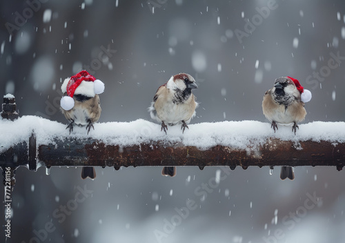 birds sitting on the edge of an iron pipe, one bird wears a santa hat, snowy weather