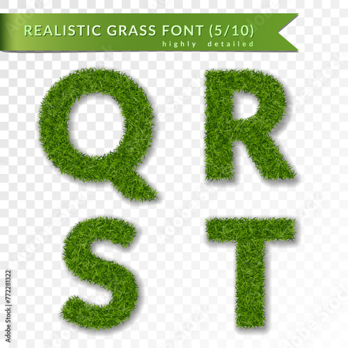 Grass letters Q, R, S, T set alphabet 3D design. Capital letter text. Green font isolated white transparent background. Symbol eco environment, save the planet. Realistic meadow. Vector illustration