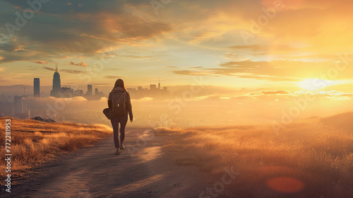 Ilustração de uma pessoa caminhante com mochila no meio da natureza, observando uma grande cidade à frente, representando o conceito de objetivo e chegada photo