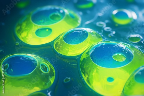 Induced pluripotent stem cells reprogramming, closeup, vibrant green and blue transformation, dark lab setting photo