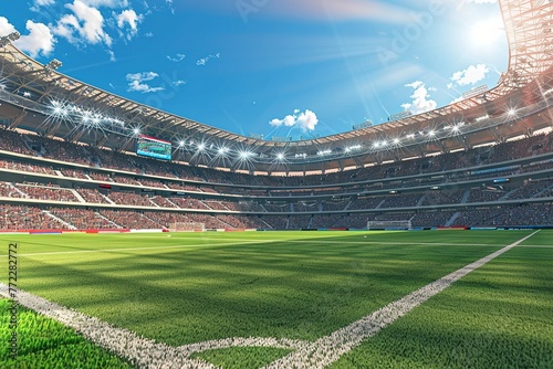 realistic view from middle of football pitch, filled stadium during the da