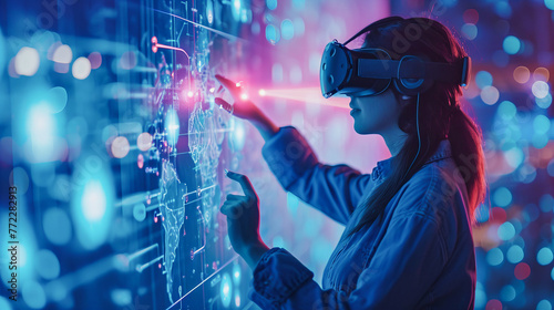Menina jovem usando óculos de realidade virtual, interagindo com um mapa holográfico do mundo, enquanto ao fundo uma grande cidade permanece desfocada photo