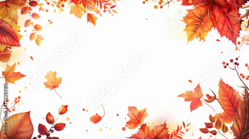 golden  red and orange autumn leaves border on white background. copy space. thanksgiving concept