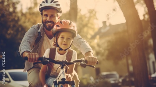 A happy and proud father teaching his young son to ride a bike down the street at sunset. A man and a boy wearing safety helmets have fun in the summer. horizontal Banner, Copy space © liliyabatyrova