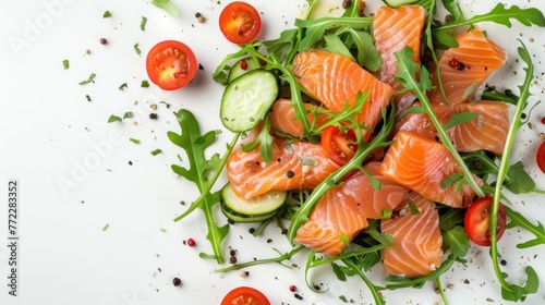 op view smoked salmon salad with arugula, fresh vegetables and tomato on white plate. AI generated