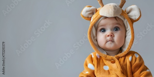Cute Baby Dressed in Adorable Animal Onesie Disguise with Copy Space on Isolated Studio Background