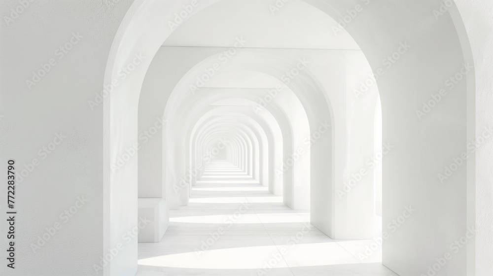 An infinite white archway corridor with a minimalist aesthetic.