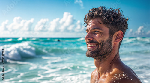 A man with a beard smiles while looking at the ocean © Cassia