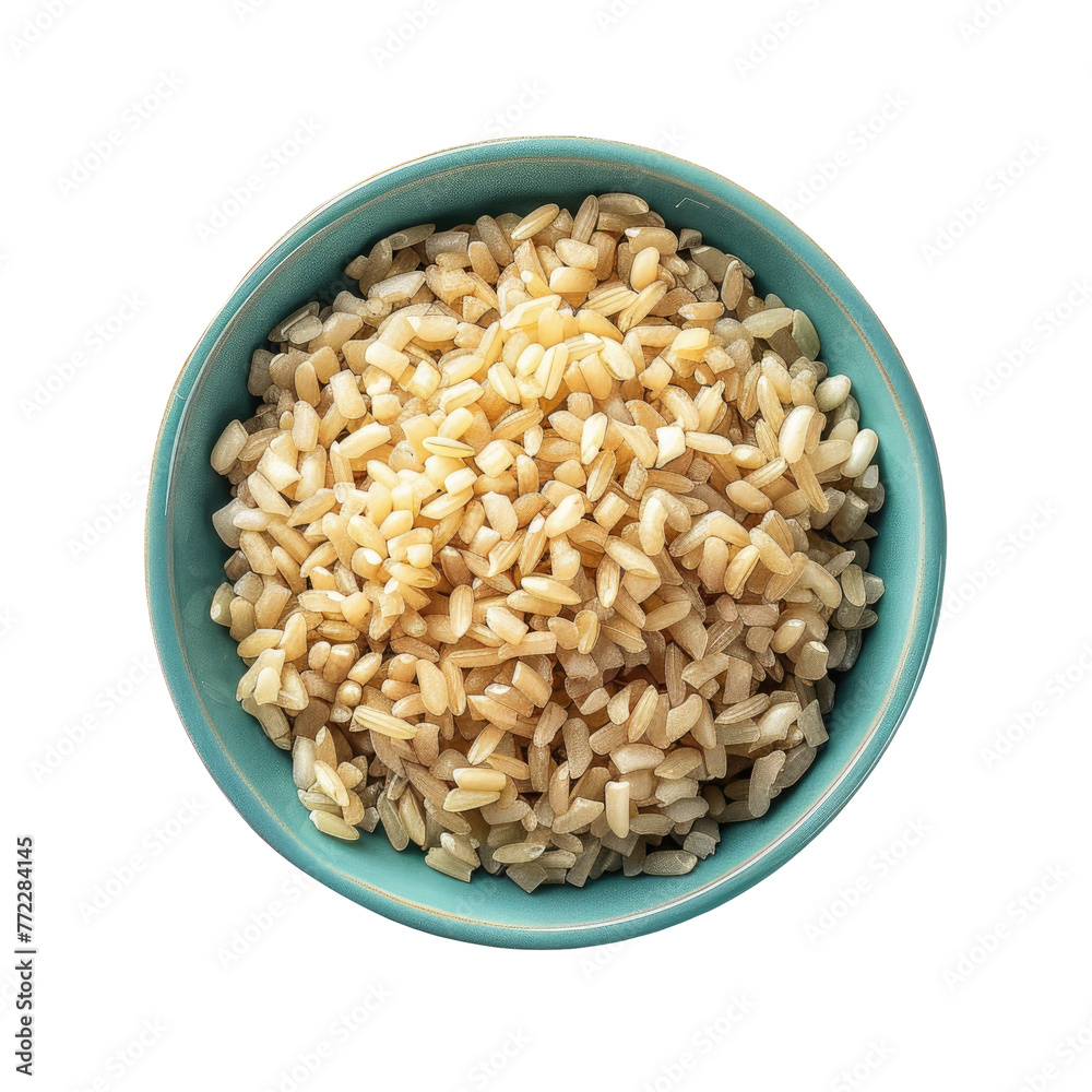 A blue bowl of brown rice, a staple food, on a transparent background