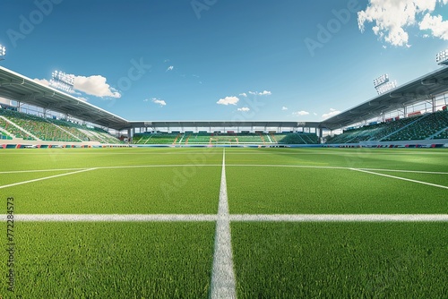 realistic view from middle of football pitch, filled stadium during the da