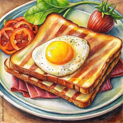 breakfast toasted egg and becon in Painting Style photo