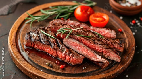 Grilled sliced Beef Steak with tomatoes sauce and rosemary on a wood plate. AI generated