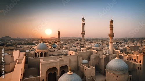 A Luxury Mosque Bathed in the Golden Light of Sunrise photo