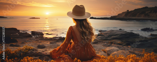 Young woman in hat sitting on the sand and looking at the sea at sunset. Solo travel, vacation concept.