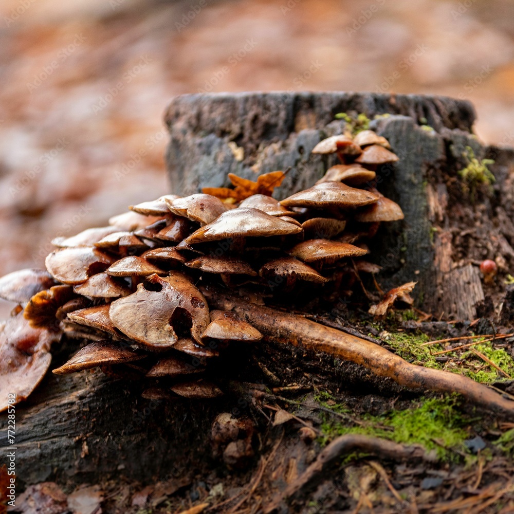 Close-up of a cluster of brown mushrooms near a mossy tree stump Close-up of a cluster of brown mushrooms near a mossy tree stump