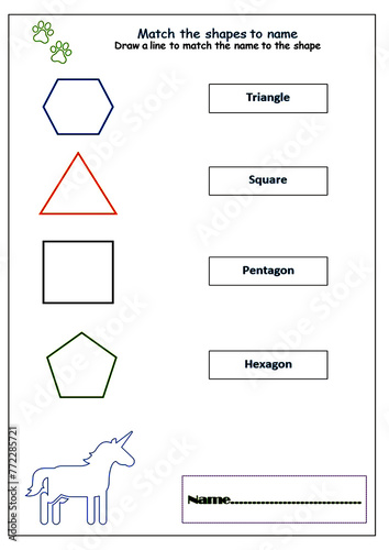 Worksheet for Children. Match the shapes to name them. and draw lines to match the names with their favorite shapes and colors.