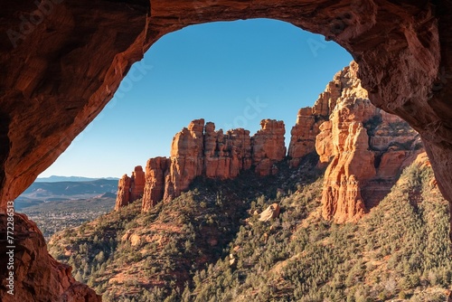 Mesmerizing view of the iconic red rock formations of Sedona, Arizona against a bright blue sky