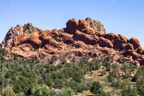 Beautiful shot of the Garden of the Gods rock formations under a blue sky