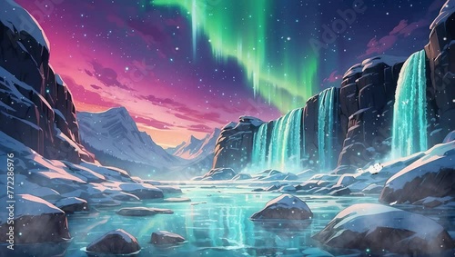 Tranquil 4k video footage showcasing the mesmerizing display of the aurora borealis amidst a snowy landscape with a radiant moon and frozen waterfall. photo
