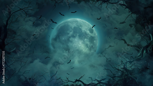 Halloween background with Full moon, silhouette bats and branches on dark sky with night clouds with copy space.