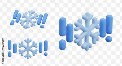 3D snowflake with drops. Icon of snowfall, snow with rain, slush