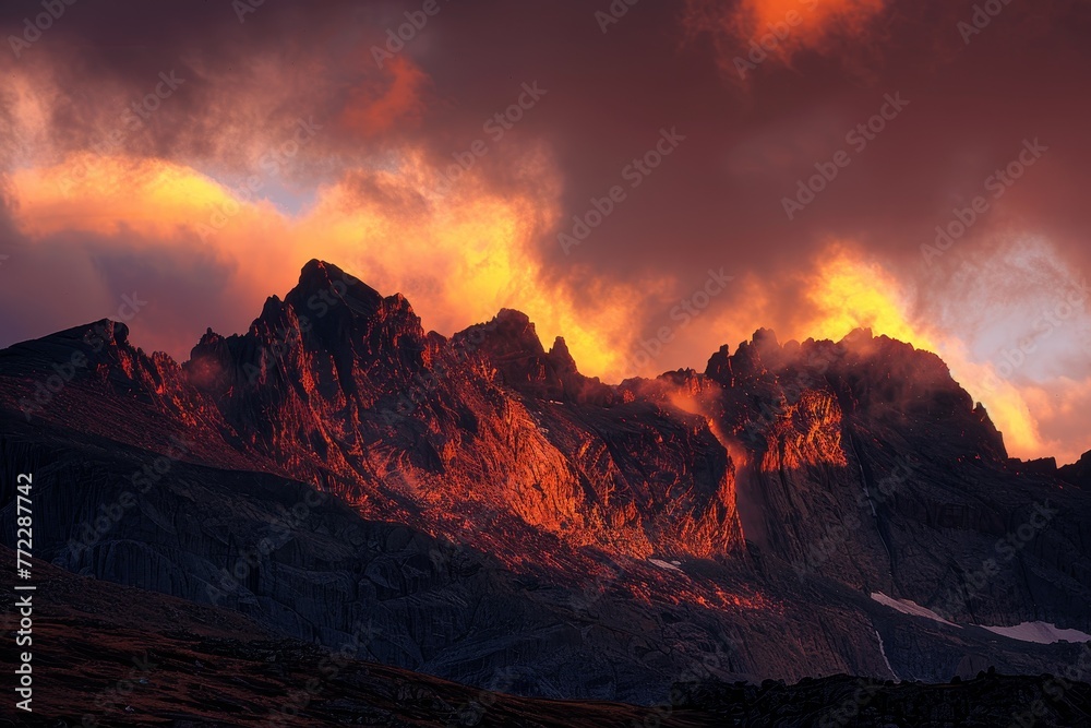 Fiery Sky: Majestic Sunset Over Rugged Mountains