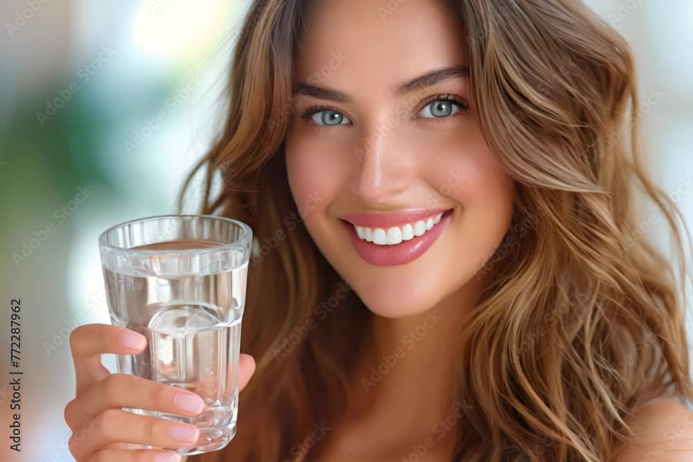 A smiling woman holding a glass of water. A smiling woman holding a glass of water.