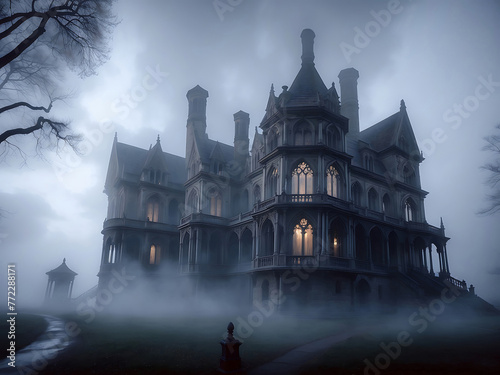 Gothic mysterious villa surrounded by fog