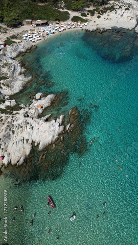 Aerial view of the shoreline of Kavourotrypes Beach, Sitonia, Halkidiki, Greece