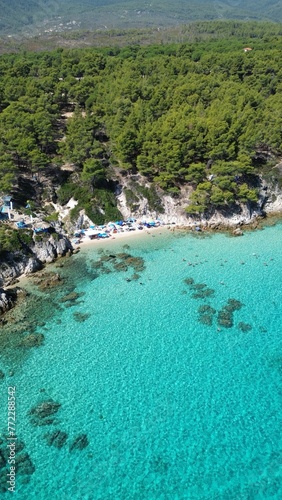 Aerial view of the shoreline of Mega Portokali Beach, Sitonia, Halkidiki, Greece