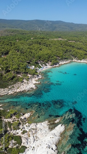Fototapeta Naklejka Na Ścianę i Meble -  Aerial view of the shoreline of Mega Portokali Beach, Sitonia, Halkidiki, Greece