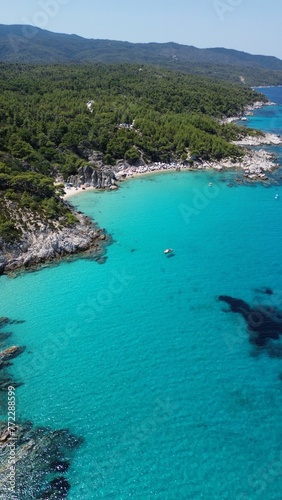 Aerial view of the shoreline of Paradise Beach, Sitonia, Halkidiki, Greece