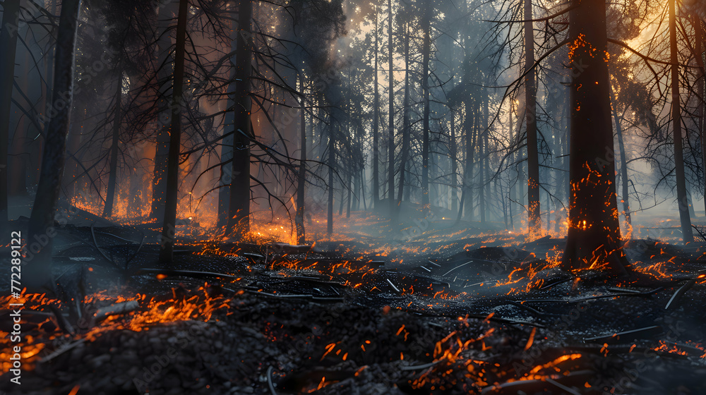 A forest ravaged by wildfires, with charred trees and smoldering embers A forest ravaged by wildfires, with charred trees and smoldering embers