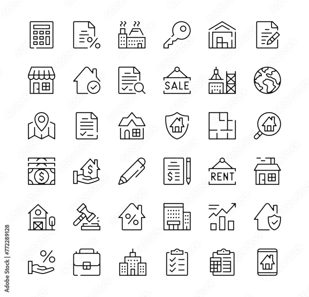 Real estate icons set. Vector line icons. Black outline stroke symbols Real estate icons set. Vector line icons. Black outline stroke symbols