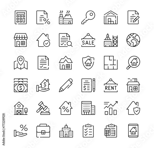 Real estate icons set. Vector line icons. Black outline stroke symbols