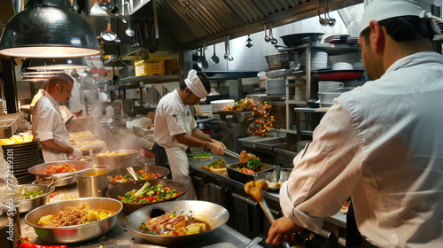 Professional Chefs in Action in a Busy Restaurant Kitchen - Chefs cooking in a busy restaurant kitchen