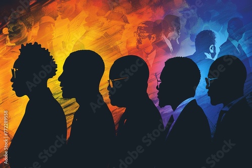 Silhouettes of Leaders: Silhouettes of iconic Black figures superimposed on the background, honoring their legacy and inspiring future generations. 