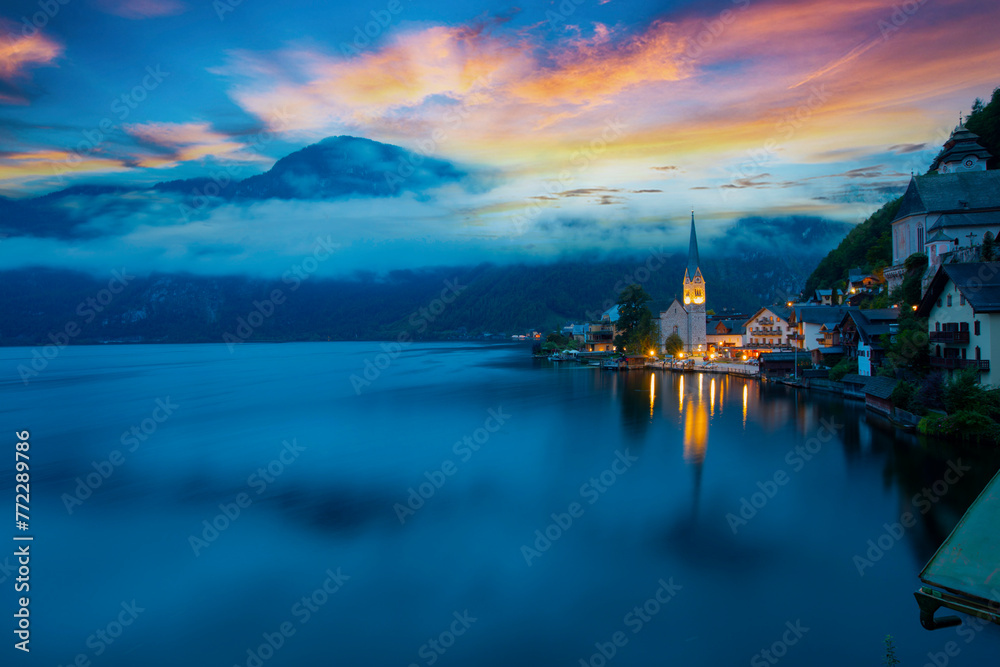 Famous Hallstatt mountain village in the Austrian Alps at sunrise, Austria