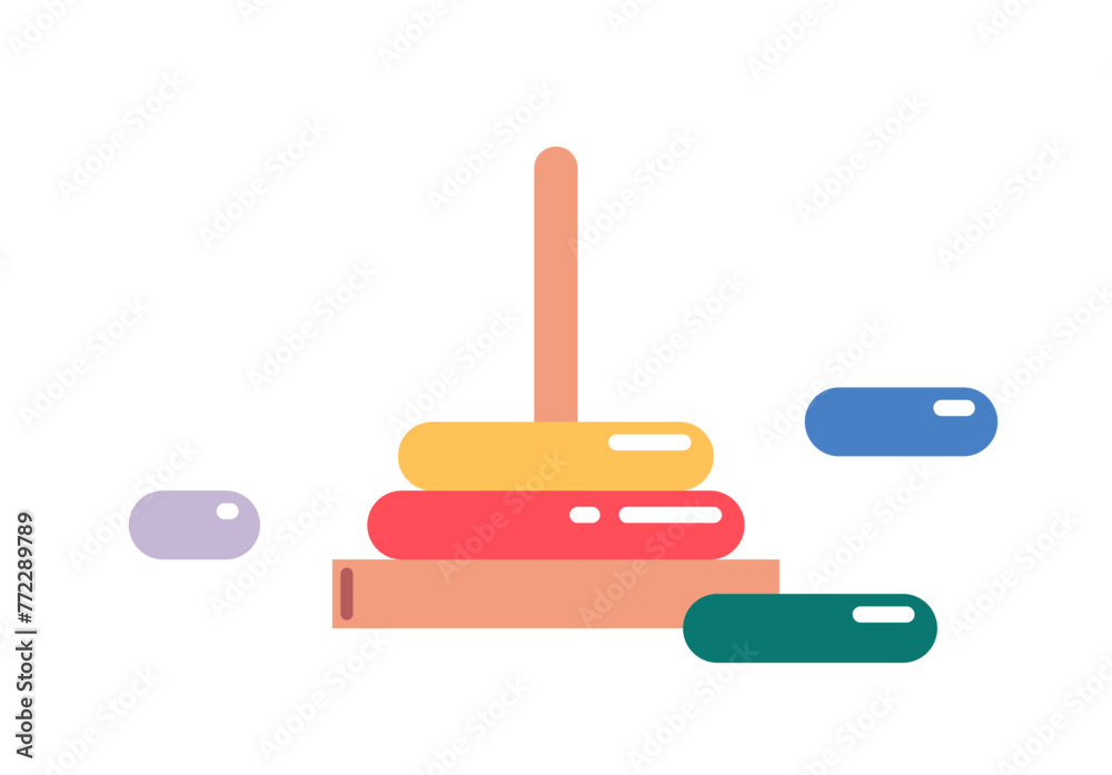 Building stack up ring tower, early child development educational game, kindergarten preschool educational items for childish play and learn kids flat vector illustration isolated on background. Building stack up ring tower, early child development educational game, kindergarten preschool educational items for childish play and learn kids flat vector illustration isolated on background.