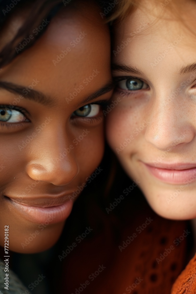 Vertical portrait of two multiracial friends. They press face to face. Generative AI. Vertical portrait of two multiracial friends. They press face to face. Generative AI.