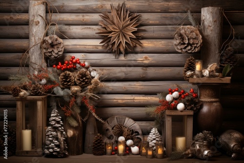 Homely Rustic christmas wood background. Card winter. Generate Ai