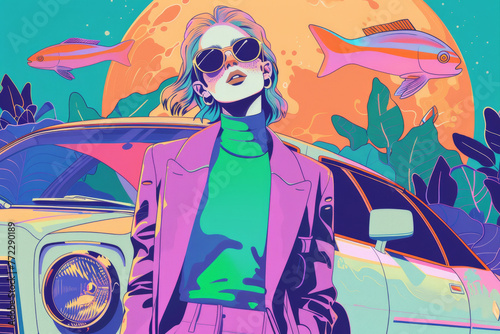 Retro-Futuristic Woman Posing with Vintage Car under Neon Lights