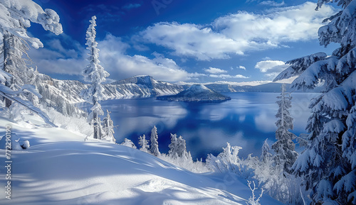 Crater Lake in winter, with snow-covered trees around the lake and a blue sky above it, a panoramic view of Mount Scott with its peak visible on the horizon