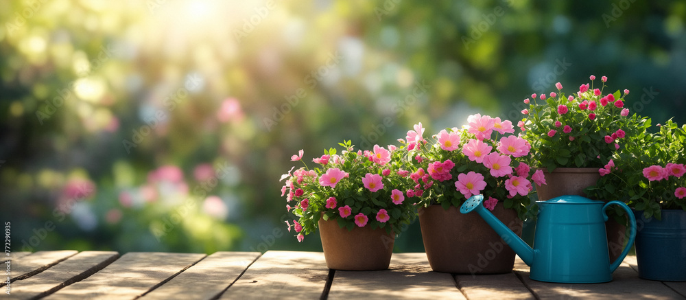 Spring summer soft background with flowers and wooden table and free space for inscription.  Generative AI
