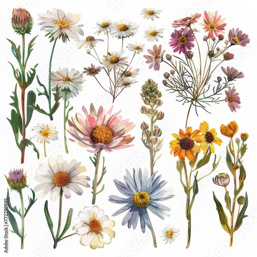 Clip art illustration with various types of marguerites on a white background. 