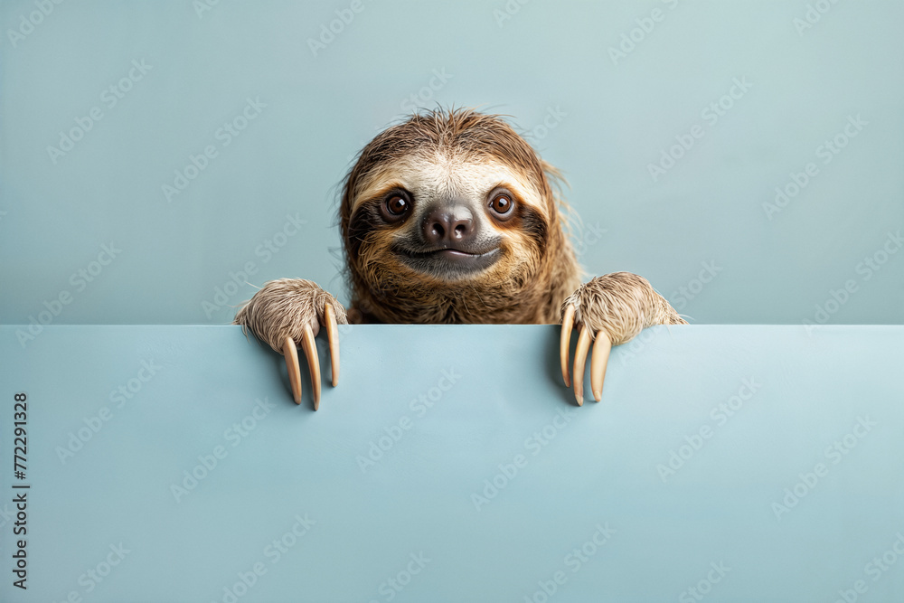 Obraz premium Cute sloth with paws over white sign. AI Generative
