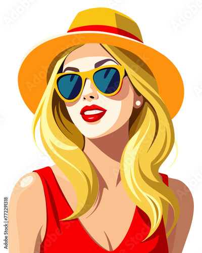  beautiful blonde girl with red lipstick, sunglasses