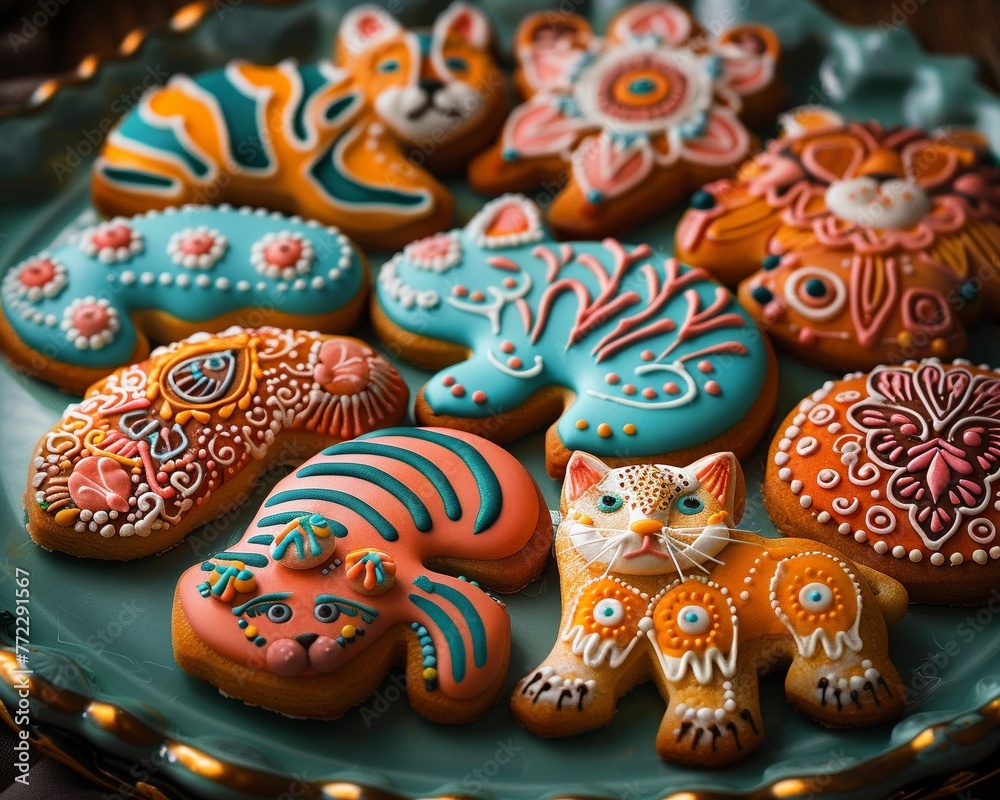 A vibrant array of animalshaped cookies, each decorated to celebrate a lively festival atmosphere, under soft, warm lighting