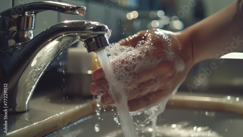 Person cleaning hands under running tap water - A close-up view capturing the moment a person cleans their hands under a stream of water, symbolizing personal health habits