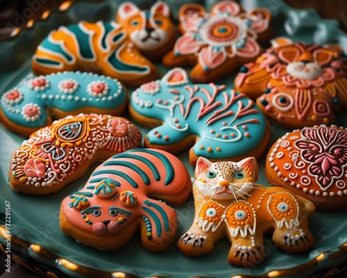 A vibrant array of animalshaped cookies  each decorated to celebrate a lively festival atmosphere  under soft  warm lighting